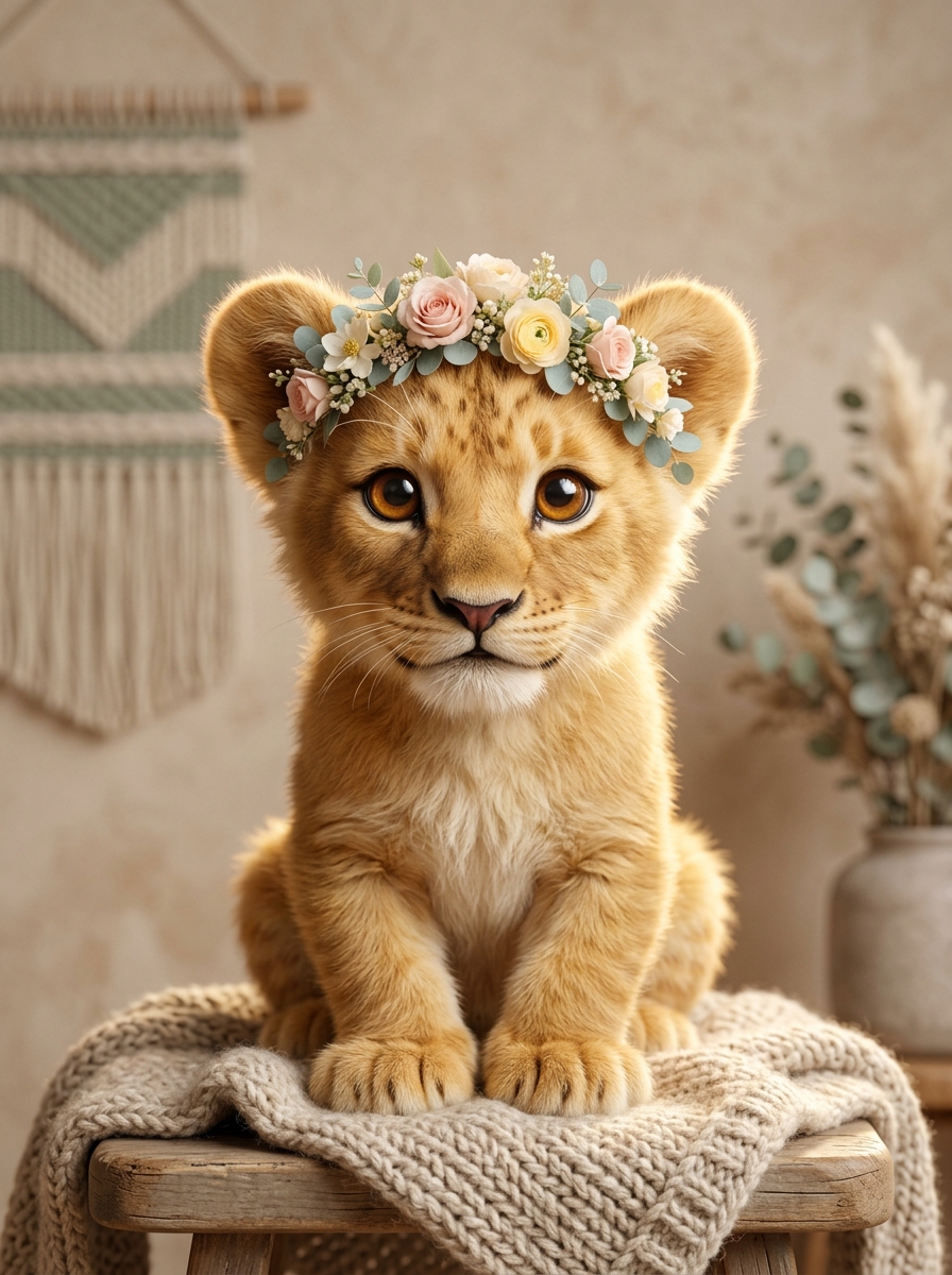 Safari Baby Lion Floral Crown Print